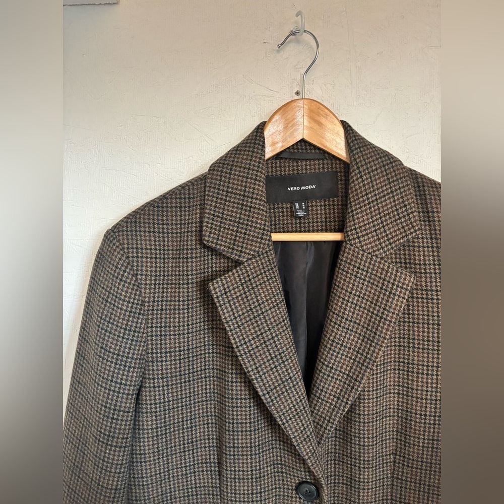 Vero Moda Houndstooth Grey Black Brown Recycled Wool Blend Knit Blazer Jacket - Picture 6 of 12